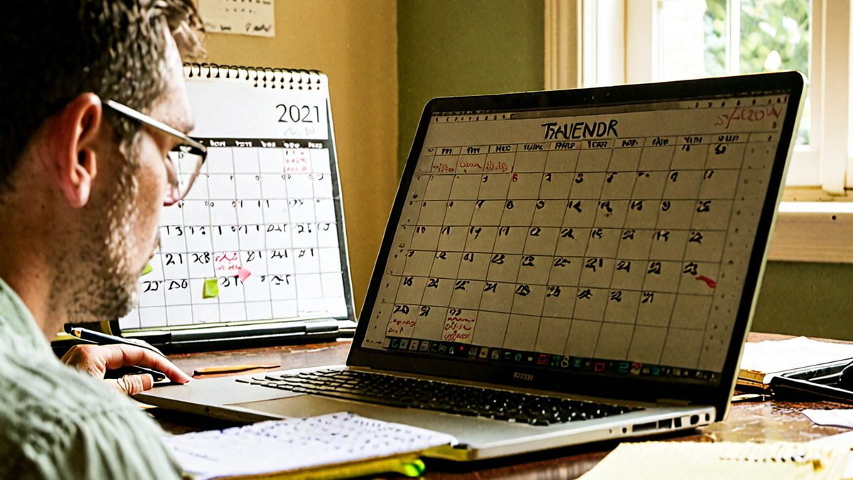 Przedsiębiorczyni przy biurku wystawia e-fakturę na laptopie, obok kalendarz z zaznaczonym 1 stycznia